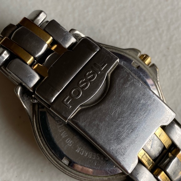 Vintage Fossil Watch Two Tone Blue Dial Round Silver Gold Bracelet am 3250 - Picture 5 of 10